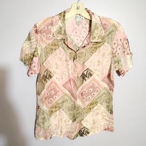 100% SILK Stunt Short Sleeve Pink Button Up Top